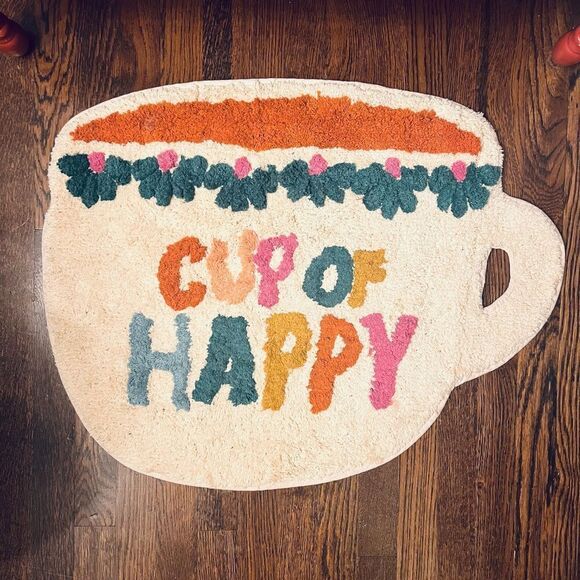 Natural Life Cotton Shaggy Bath Mat Cup of Happy Crean Multi Coffee Print OS NWT - Picture 7 of 10